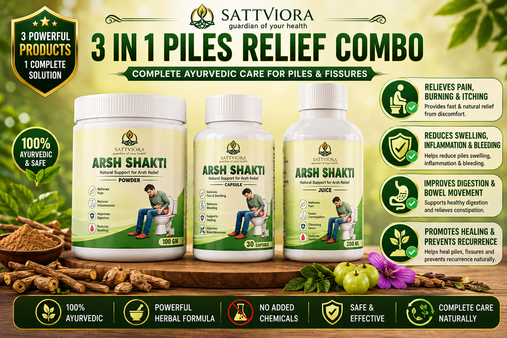 Sattviora Arsh Shakti Piles Relief Combo | Ayurvedic Capsule, Powder & Juice Kit for Digestive & Rectal Wellness