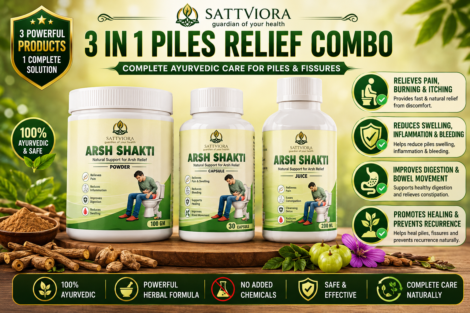 Sattviora Arsh Shakti Piles Relief Combo | Ayurvedic Capsule, Powder & Juice Kit for Digestive & Rectal Wellness