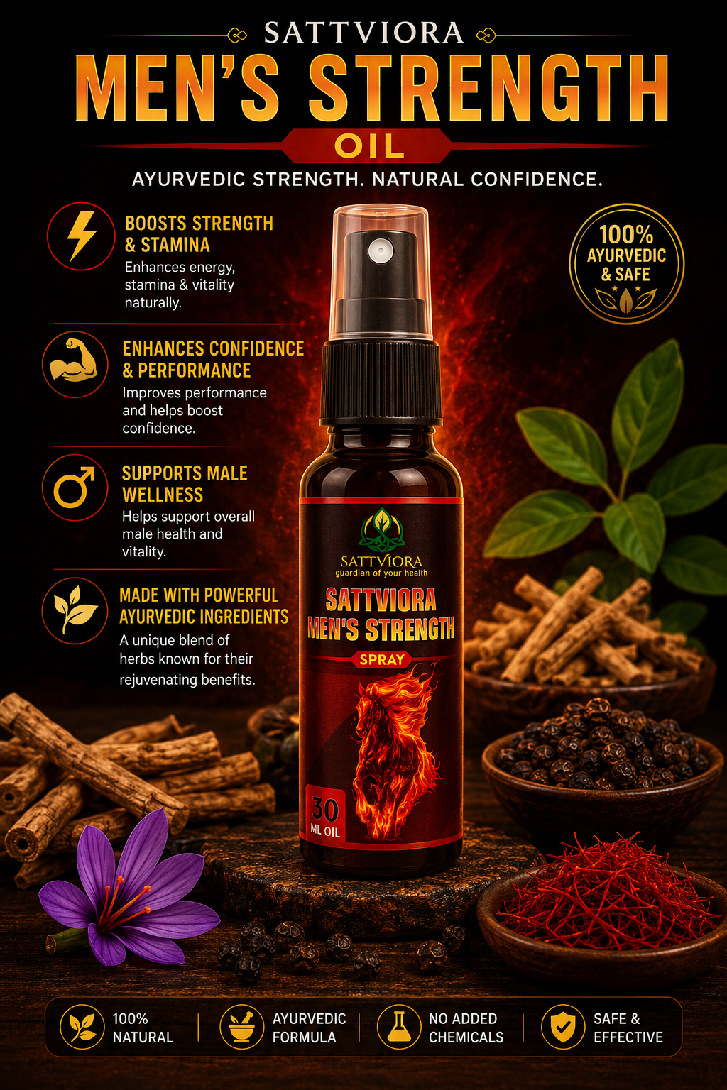 Sattviora Men’s Strength Oil Spray | Ayurvedic Herbal Vitality Massage Oil for Men | Ashwagandha, Shilajit & Safed Musli | 30ml