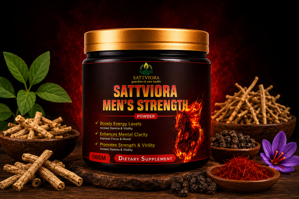 Sattviora Men’s Strength Powder | Ayurvedic Herbal Stamina & Vitality Supplement for Men | Ashwagandha, Safed Musli & Kaunch Beej | 100gm