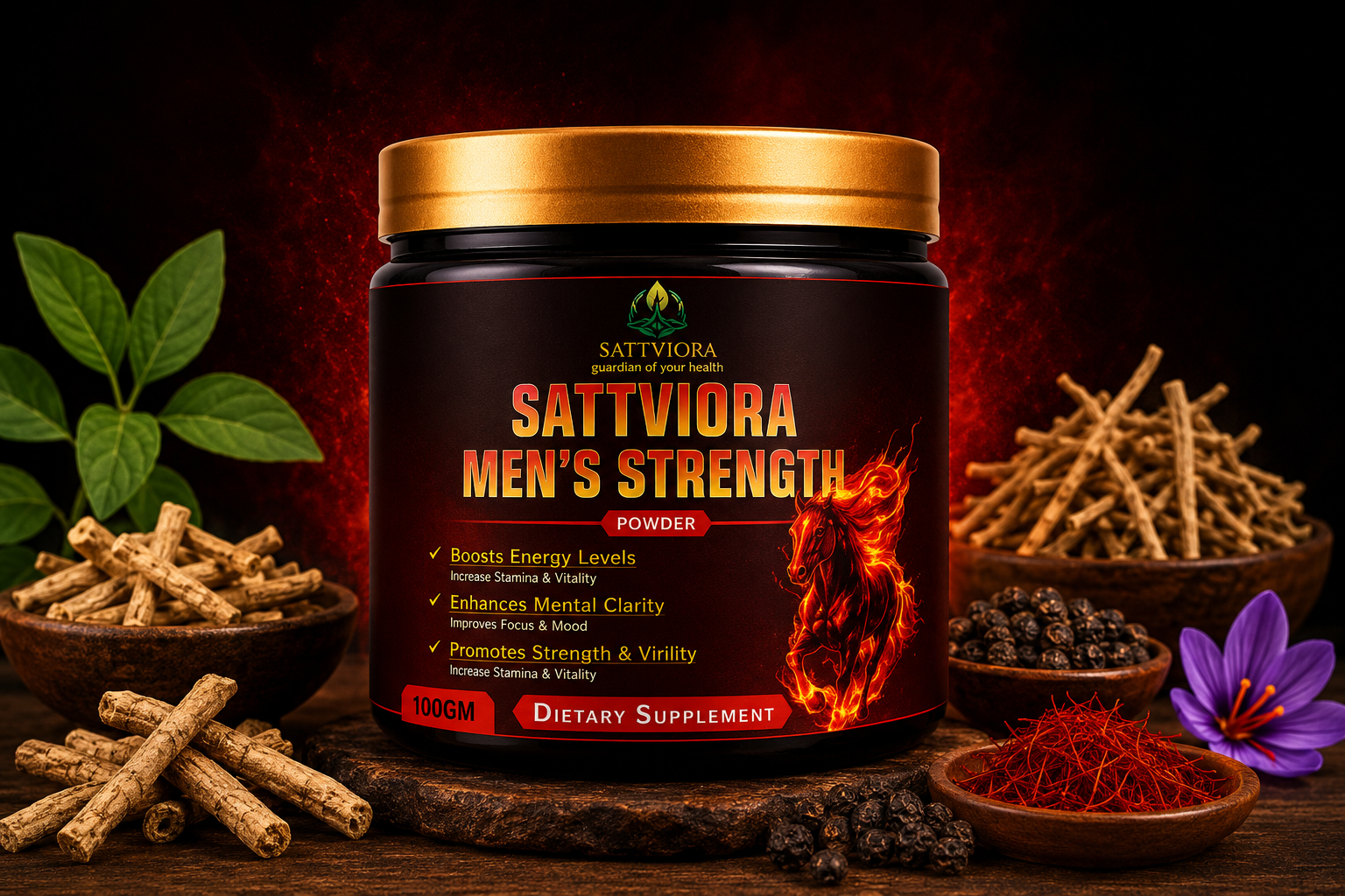 Sattviora Men’s Strength Powder | Ayurvedic Herbal Stamina & Vitality Supplement for Men | Ashwagandha, Safed Musli & Kaunch Beej | 100gm