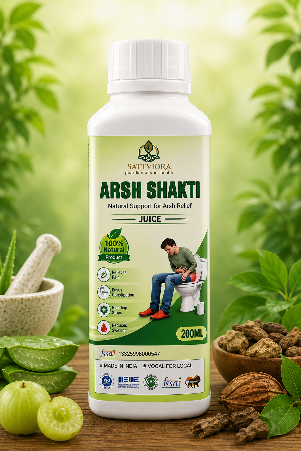 Sattviora Arsh Shakti Juice | Ayurvedic Herbal Juice for Digestive & Rectal Wellness | Aloe Vera, Amla & Haritaki Blend | 200ml