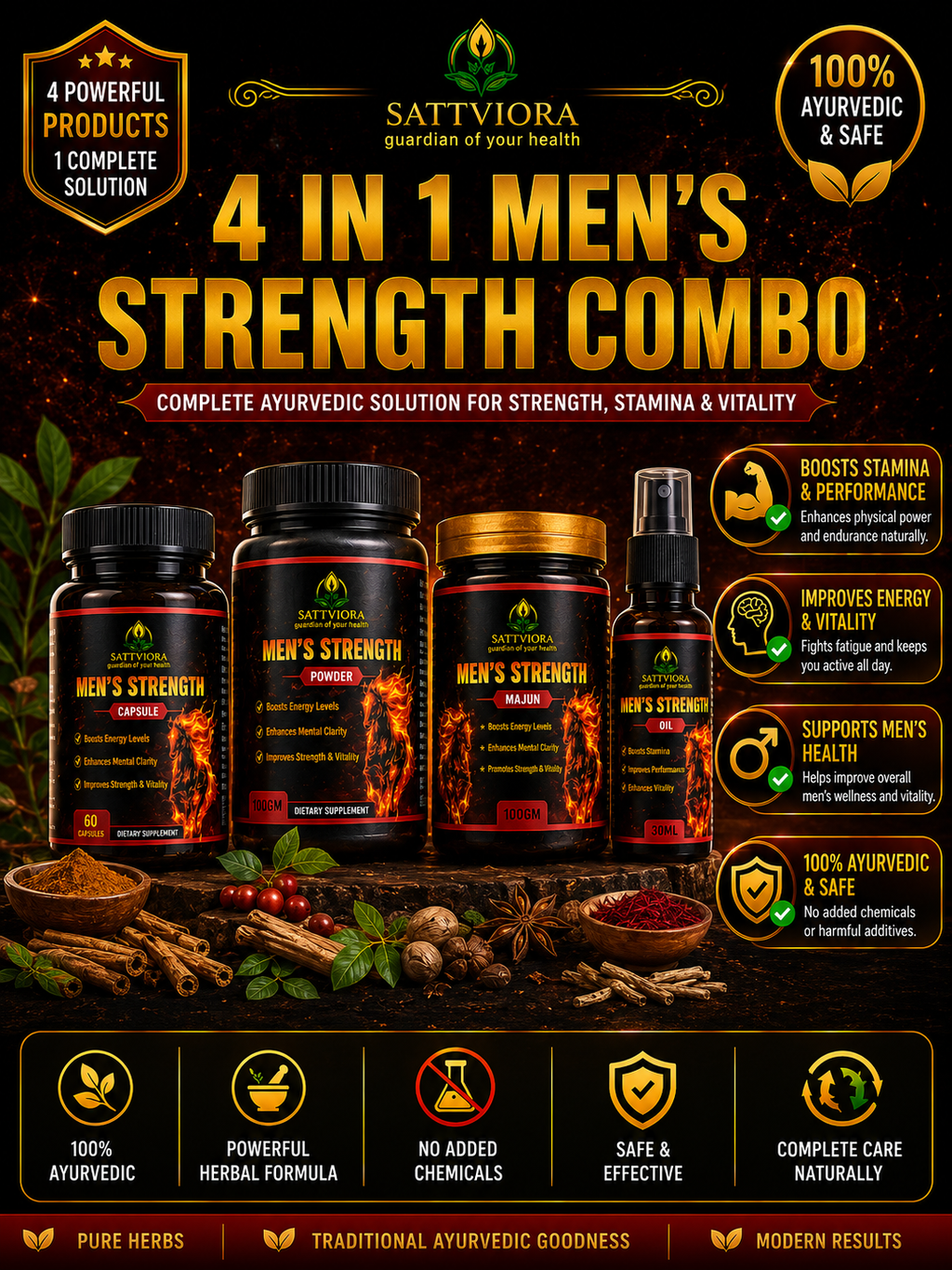 Sattviora Men’s Strength Combo Pack | Ayurvedic Vitality Kit with Majun, Capsules, Powder & Oil Spray for Men’s Wellness