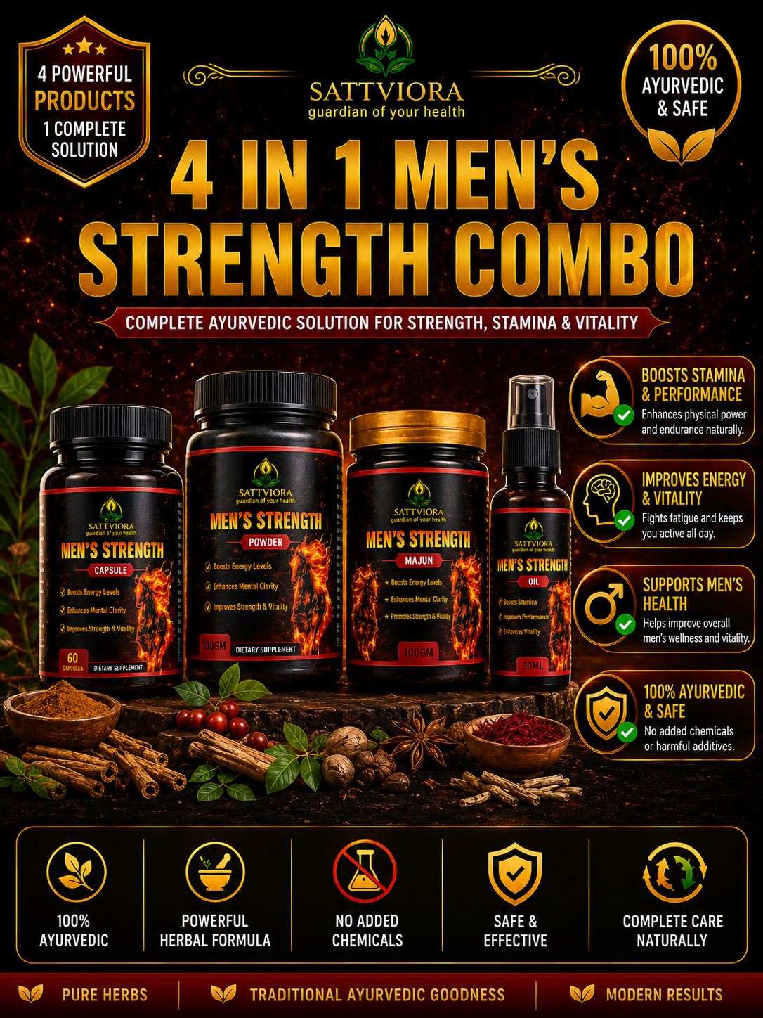 Sattviora Men’s Strength Combo Pack | Ayurvedic Vitality Kit with Majun, Capsules, Powder & Oil Spray for Men’s Wellness