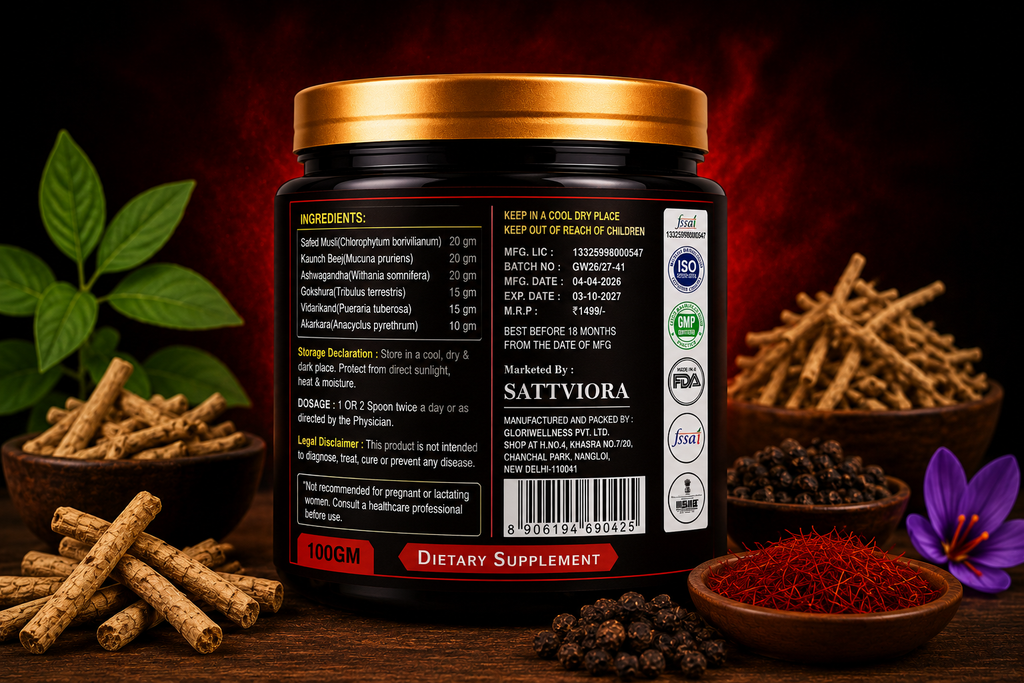 Sattviora Men’s Strength Powder | Ayurvedic Herbal Stamina & Vitality Supplement for Men | Ashwagandha, Safed Musli & Kaunch Beej | 100gm