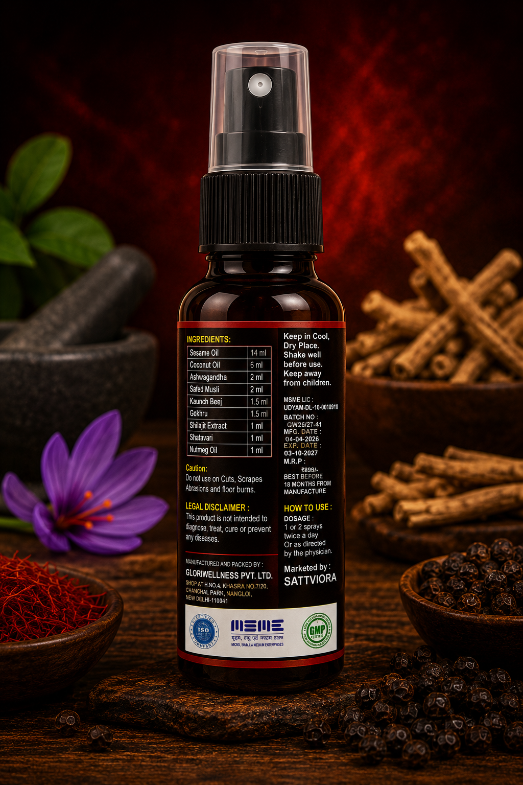 Sattviora Men’s Strength Oil Spray | Ayurvedic Herbal Vitality Massage Oil for Men | Ashwagandha, Shilajit & Safed Musli | 30ml