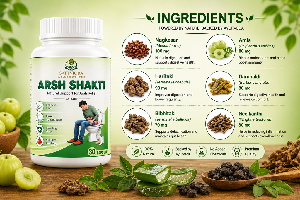 Sattviora Arsh Shakti Capsules | Ayurvedic Herbal Capsules for Digestive & Rectal Wellness | Nagkesar, Haritaki & Amla | 30 Capsules