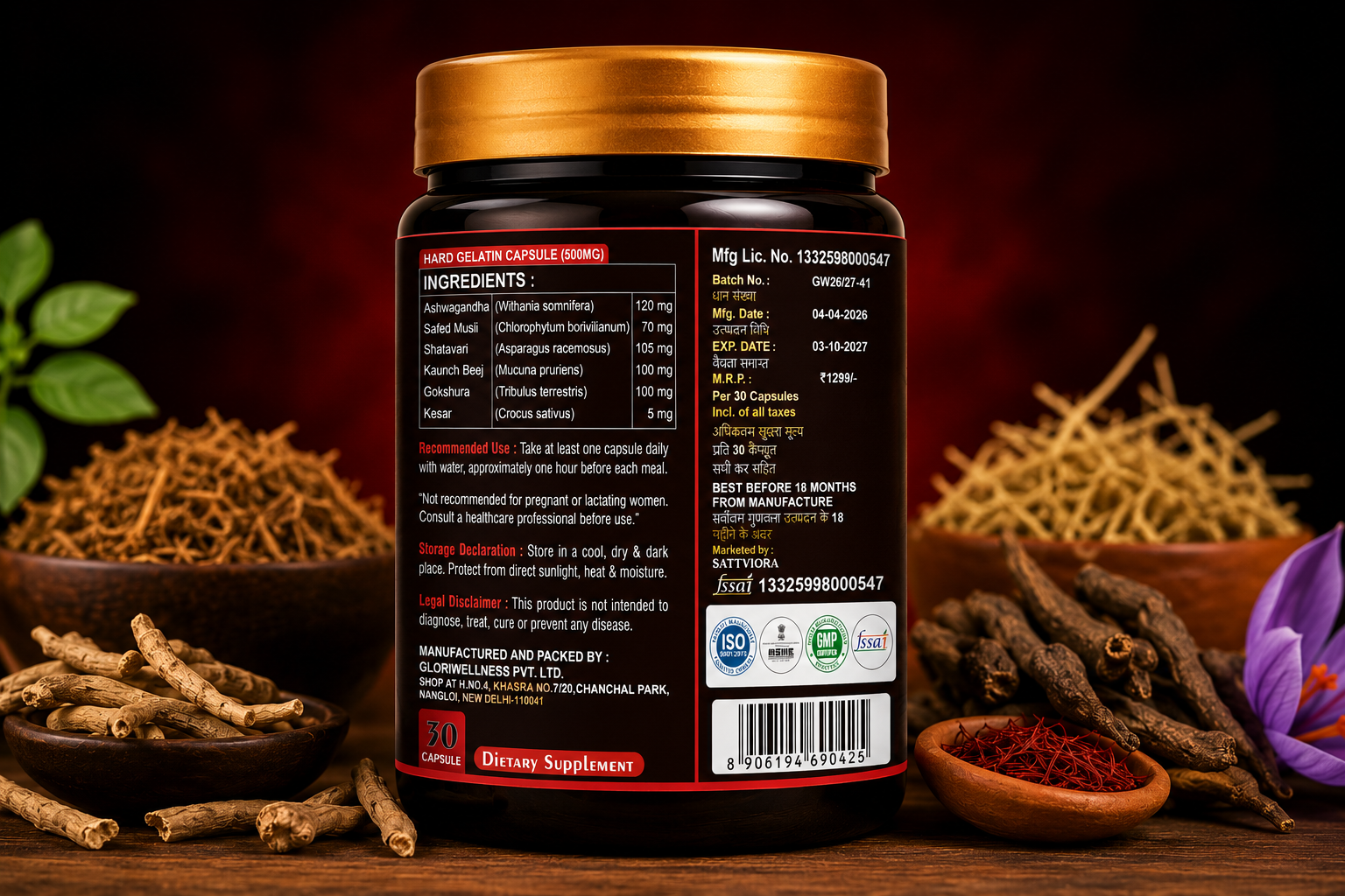 Sattviora Men’s Strength Capsules | Ayurvedic Vitality & Stamina Support Supplement for Men | Ashwagandha, Safed Musli & Shatavari | 30 Capsules