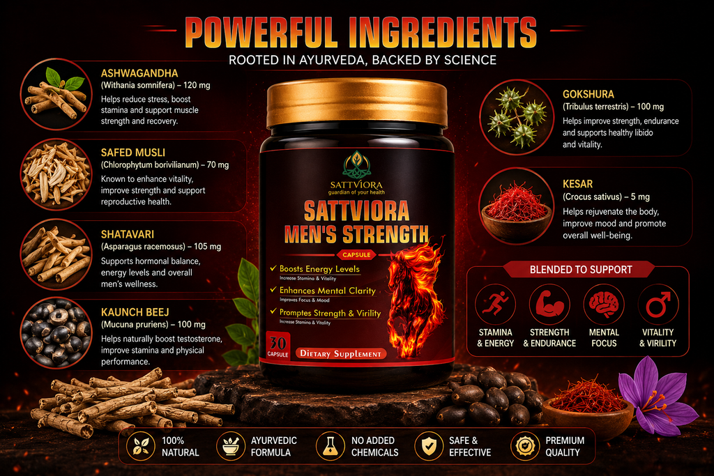 Sattviora Men’s Strength Capsules | Ayurvedic Vitality & Stamina Support Supplement for Men | Ashwagandha, Safed Musli & Shatavari | 30 Capsules