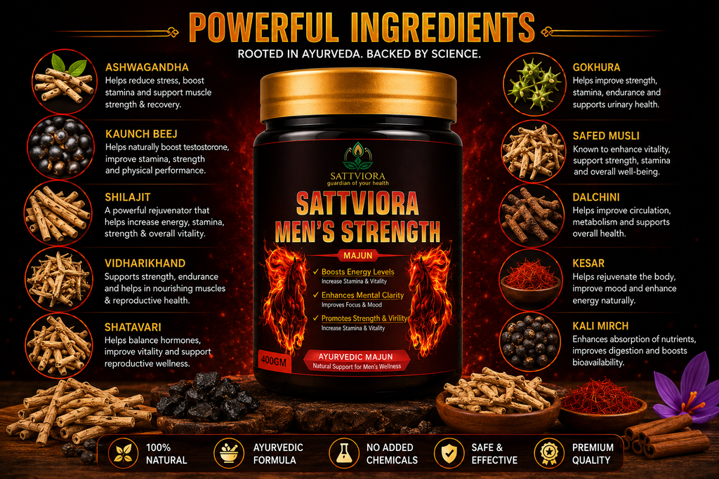 Sattviora Men’s Strength Majun | Ayurvedic Herbal Vitality & Stamina Supplement for Men | Ashwagandha, Shilajit & Safed Musli | 100gm