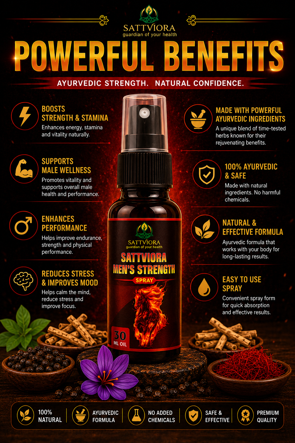 Sattviora Men’s Strength Oil Spray | Ayurvedic Herbal Vitality Massage Oil for Men | Ashwagandha, Shilajit & Safed Musli | 30ml