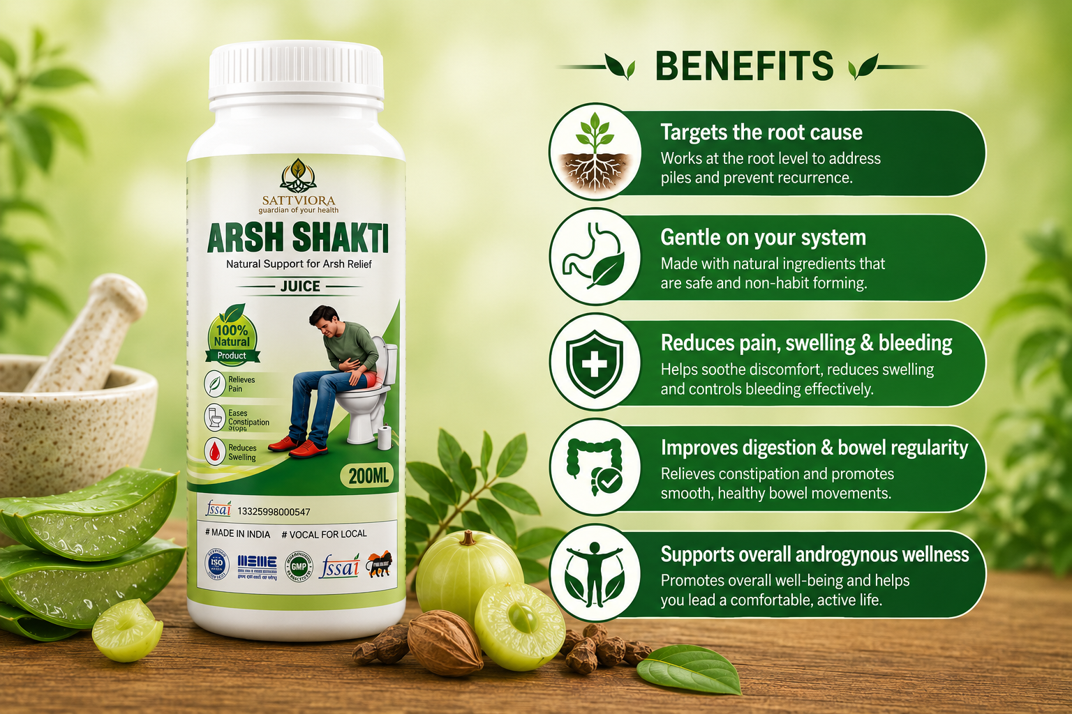 Sattviora Arsh Shakti Juice | Ayurvedic Herbal Juice for Digestive & Rectal Wellness | Aloe Vera, Amla & Haritaki Blend | 200ml
