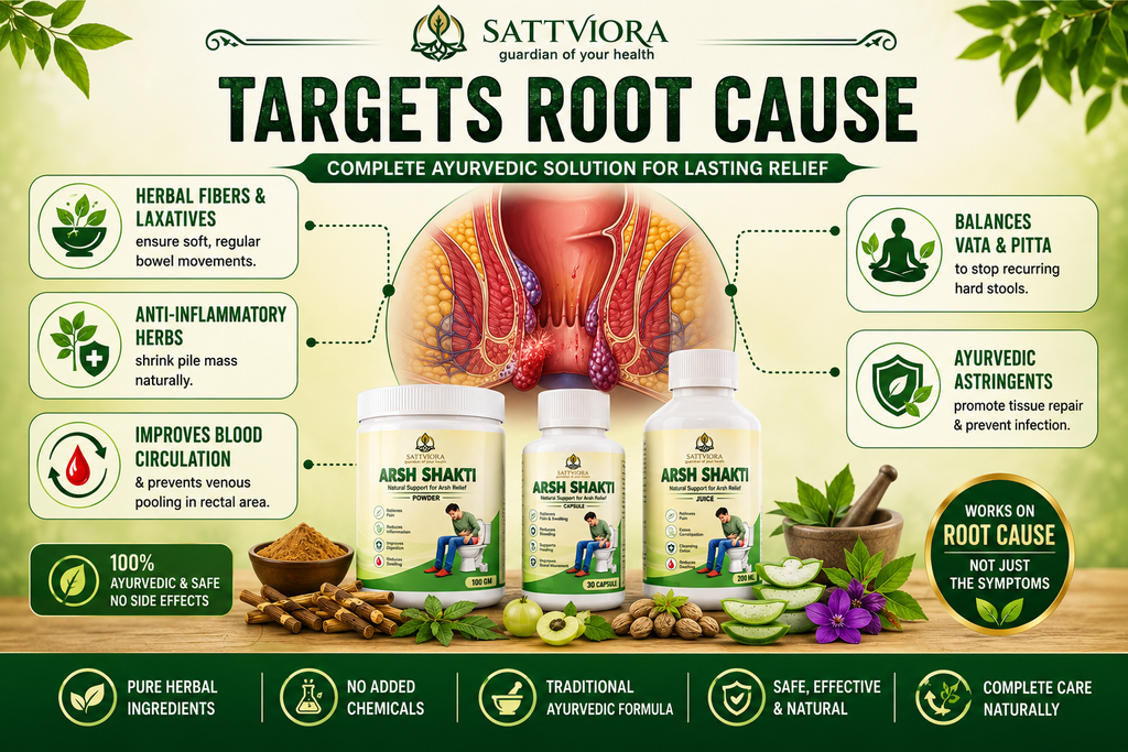Sattviora Arsh Shakti Piles Relief Combo | Ayurvedic Capsule, Powder & Juice Kit for Digestive & Rectal Wellness
